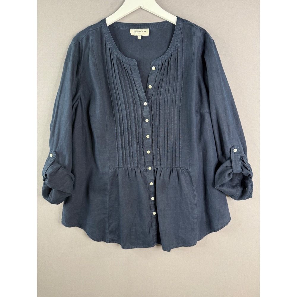 Jones New York Linen Top Woman 1X Navy Blue Pintuck Roll Tab Sleeve Coastal